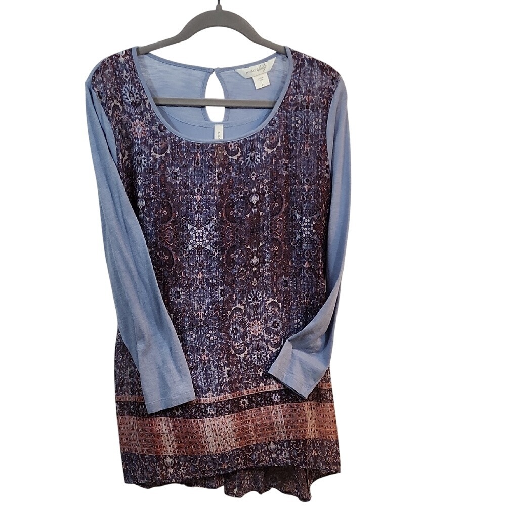 Miraclebody‎ Womens Blue Floral Print Long Sleeve Keyhole Tunic Top Size L
